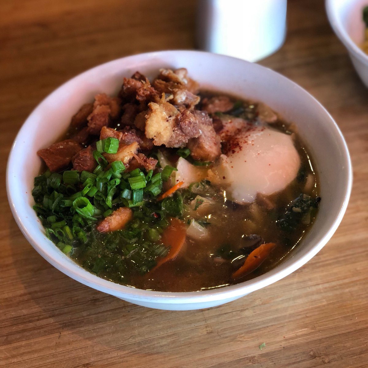 Steaming hot Crispy Chicken Ramen ready to go out for lunch service.