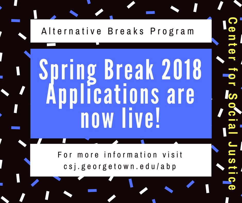 gualtbreaks's tweet photo. Are you ready for spring break?! 

The Alternative Breaks Program’s spring break trip application is live. The application is now posted on https://t.co/yYp7Nthbvt and is due by 11:59PM on Wednesday, January 17, 2018. 

Questions? Email altbreak@georgetown.edu. https://t.co/C55mCAqnX3