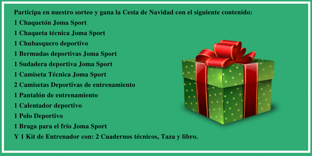 📌Promo #CestadeNavidad
📌Comienza: Desde Ya¡¡¡
📌Para participar: FOLLOW+RT este Tweet.
📌Premio: La #CestadeNavidad con más de 15 artículos deportivos de #JomaSport entre otros
📌Fin de la Promo: 12:00 Hr. del 24/12/2017
📌Extra: Cada 150 RT sumamos un artículo deportivo más.
