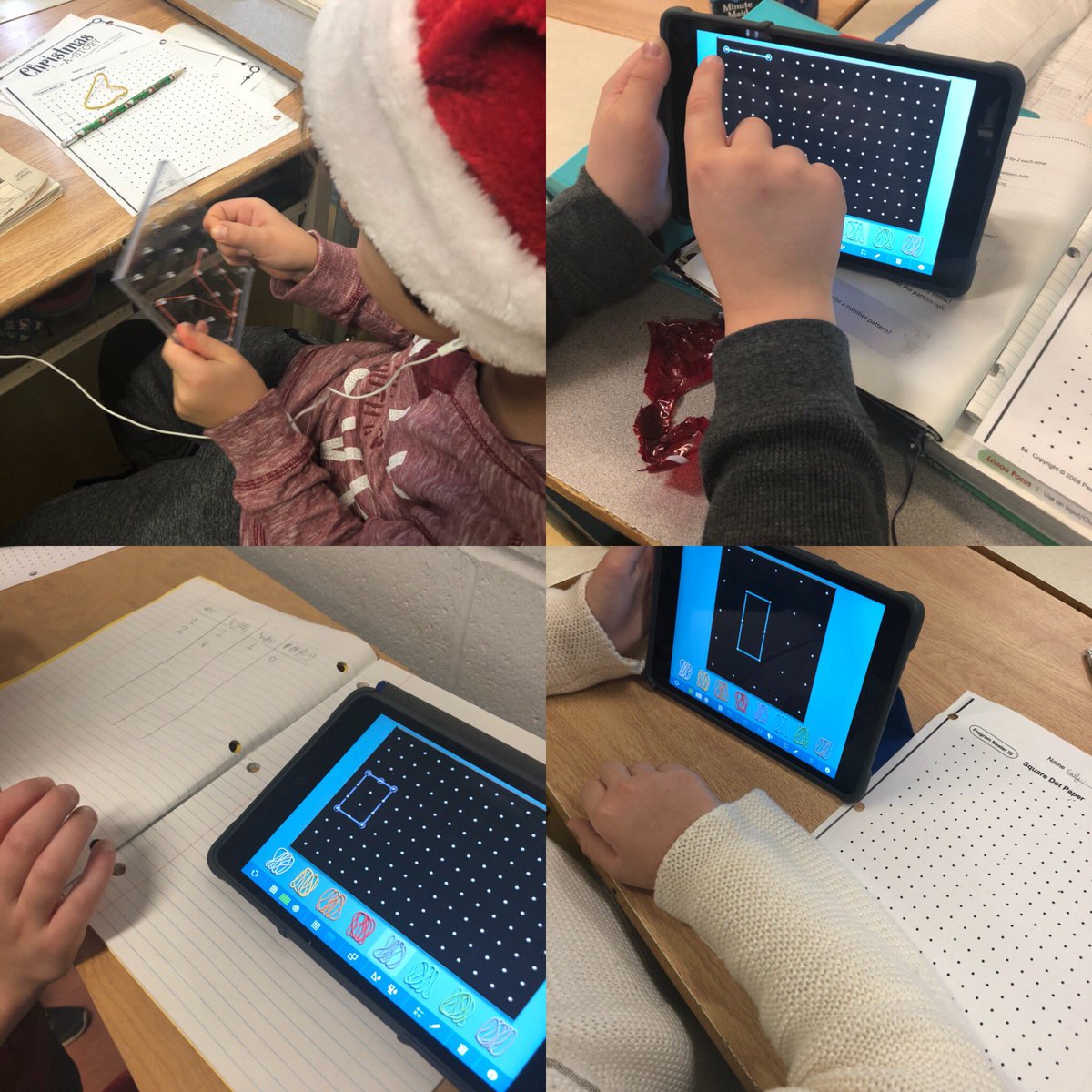 MsBCarrigg's tweet photo. Ss using geoboards to determine and extend patterns. What will the 20th rectangle be? @alcdsb_john @ALCDSB #mathmornings https://t.co/5e9nGrGG88