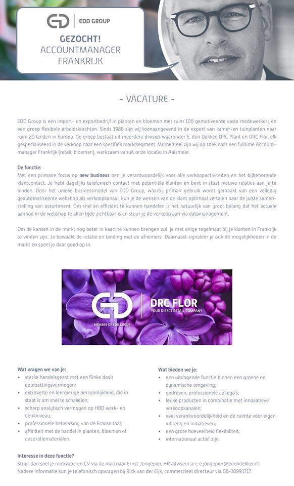 EddGroup's tweet photo. Niet 1, 2, 3 of 4, maar 5 vacatures tref je in de bijlagen. 
• Accountmanager Scandinavië (retail bloemen én planten)
• Accountmanager Frankrijk (retail bloemen)
• HR Medewerker
• Twee financieel (business) controllers

Delen is tof! Wie wordt onze nieuwe collega? https://t.co/8rwWxkAO9F