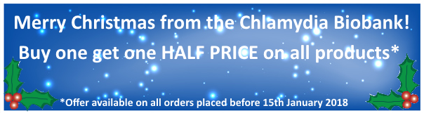 CtBiobank's tweet photo. Christmas promotion at the Chlamydia Biobank - buy one, get one half price! Offer applies to all products ordered before 15th January 2018. #chlamydia https://t.co/c9jtZd5ztQ