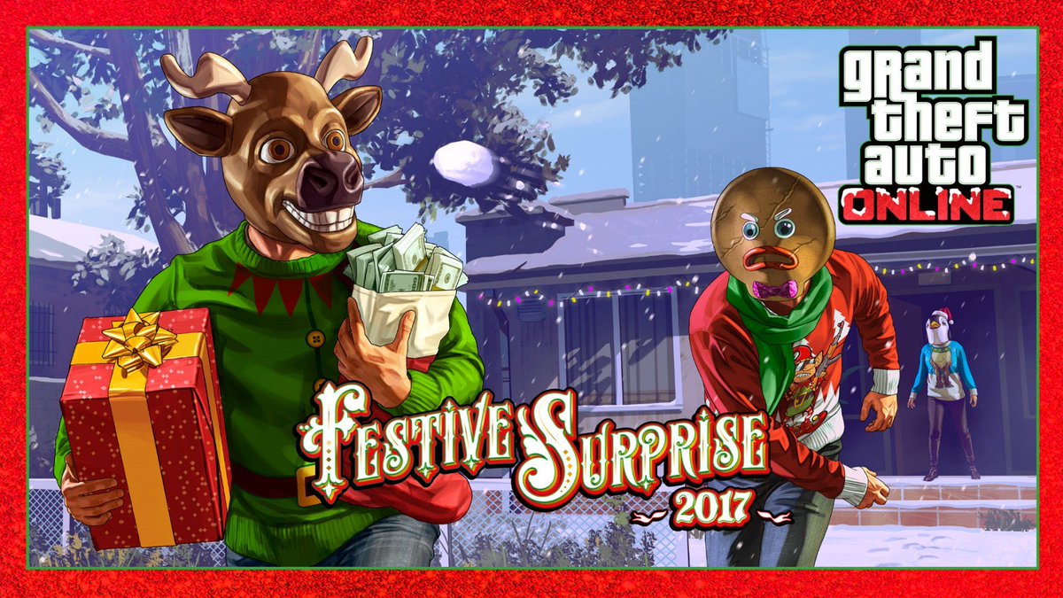 La Surprise festive 2017 est arrivée à Los Santos et Blaine County.

Retrouvez des nouveautés et vos articles festifs préférés dans les magasins du sud de San Andreas : des masques, des combinaisons, le lanceur pyrotechnique et plus.

rsg.ms/627d7e5
