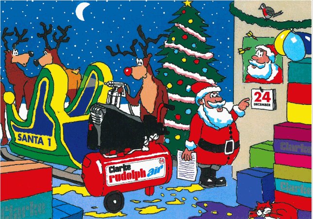 Clarketools's tweet photo. 2nd day of Christmas Cartoons from #clarketools once again have a great Christmas and Happy New year and look forward to all things Clarke in 2018 #powertools #classiccars #aircompressors #tools https://t.co/lFelR6xo5T
