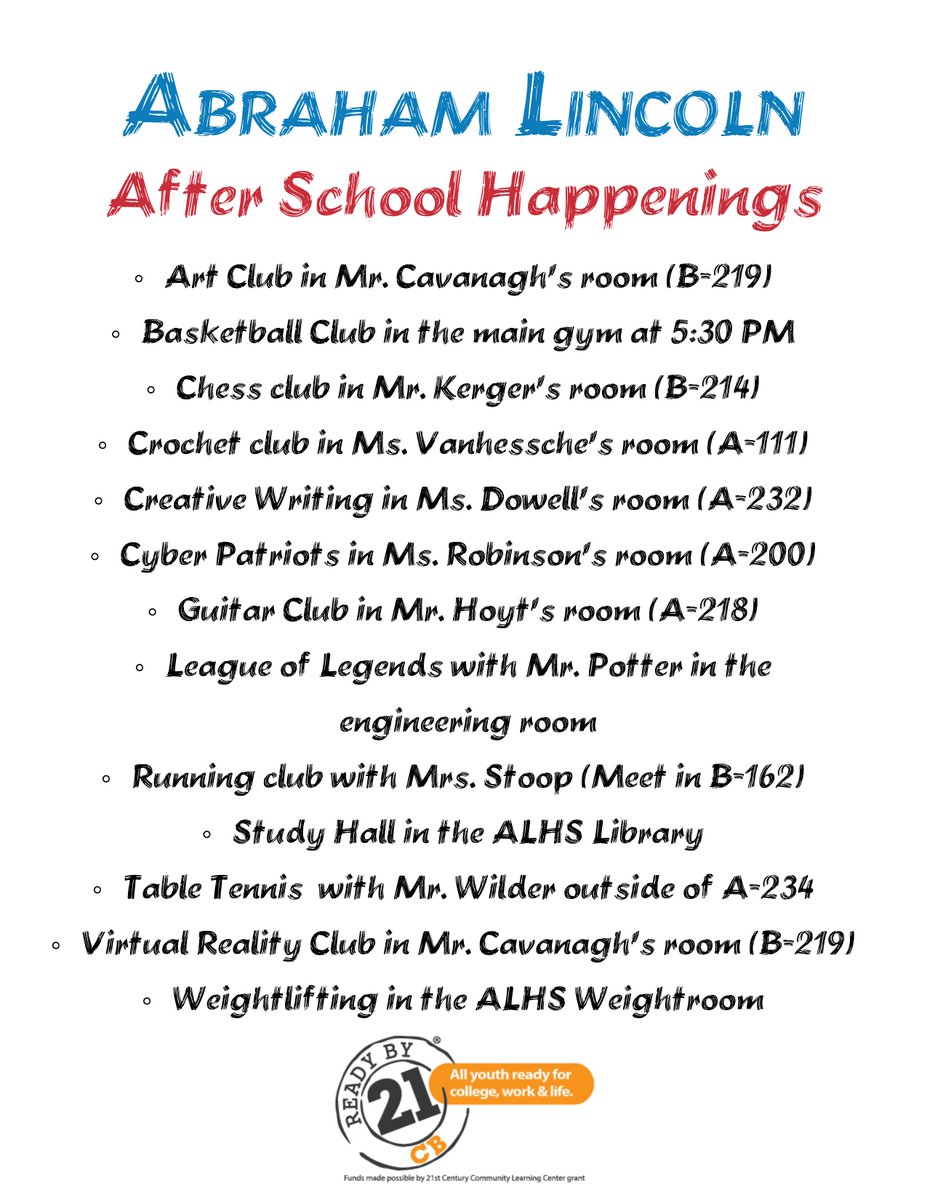 ALHSClubs's tweet photo. Please note that Guitar Club is meeting today! 
Also, Art Club is new to ALHS starting today!

Harry Potter Club is not meeting today. https://t.co/dMhY7AtfNL