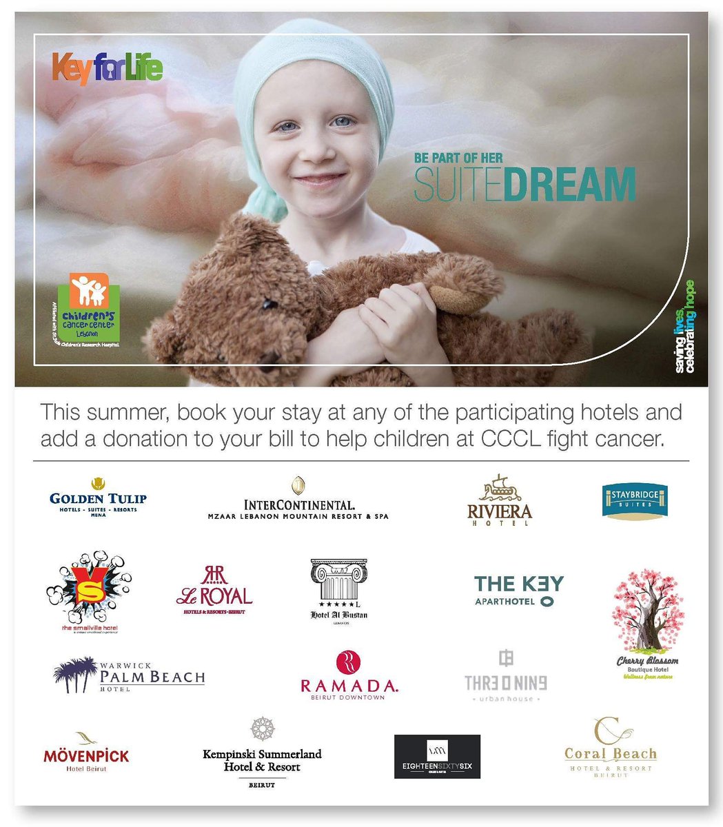 CCCLebanon's tweet photo. Visting #Lebanon soon for the holidays?
Don't forget to stay at one of the #KeyforLife hotels and support the #CCCL.
For more information visit: https://t.co/06av7sOFdA
Extra charge to your room can help save a child’s life!
#iLoveCCCL #CCCL15Years #UnitedAgainstCancer https://t.co/3FZSqckVbn