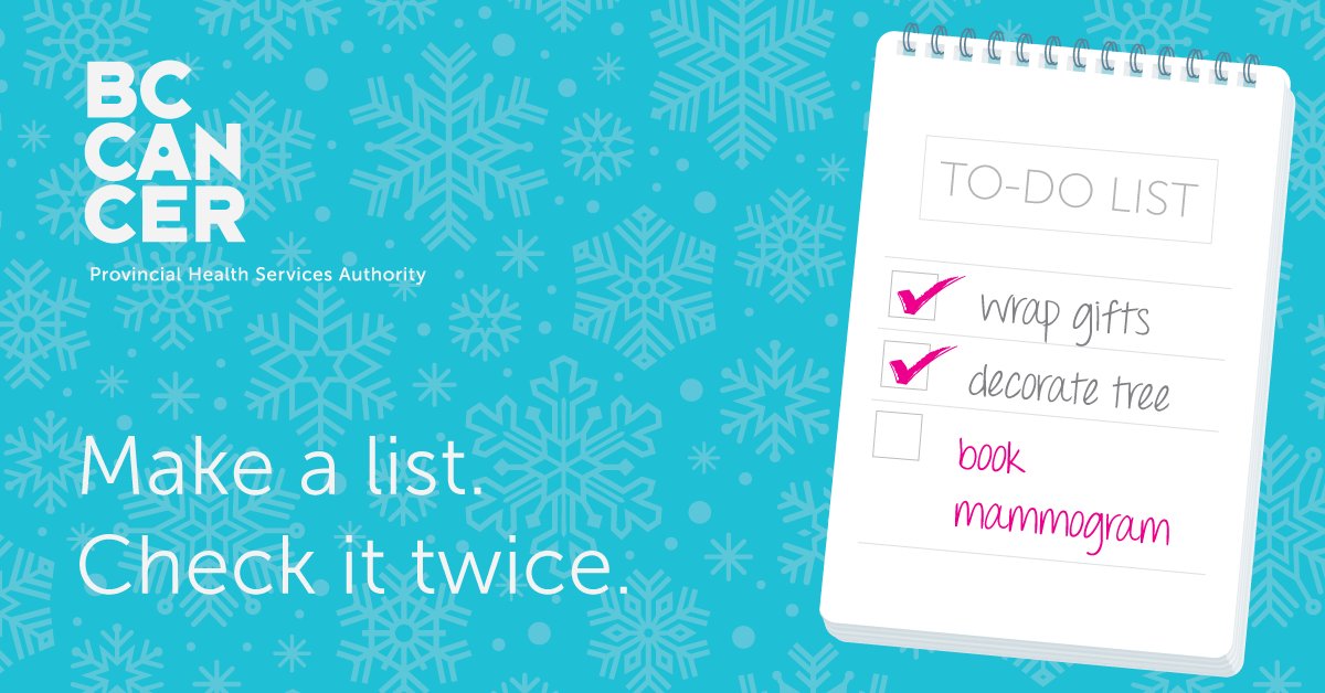 BCCancer's tweet photo. Santa's not the only one with a lot on his To-Do list this #holidayseason. Call 1-800-663-9203 to book your mammogram now. #BC #BritishColumbia https://t.co/UHyvKHbHCE