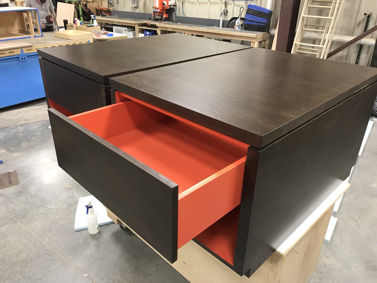 eedesigncenter's tweet photo. These are a pair of side tables built out of black walnut with bright orange interiors that built for Envi design. Envi Design. Woodworking at its best! Install pics coming soon! https://t.co/QZzgv8PykL