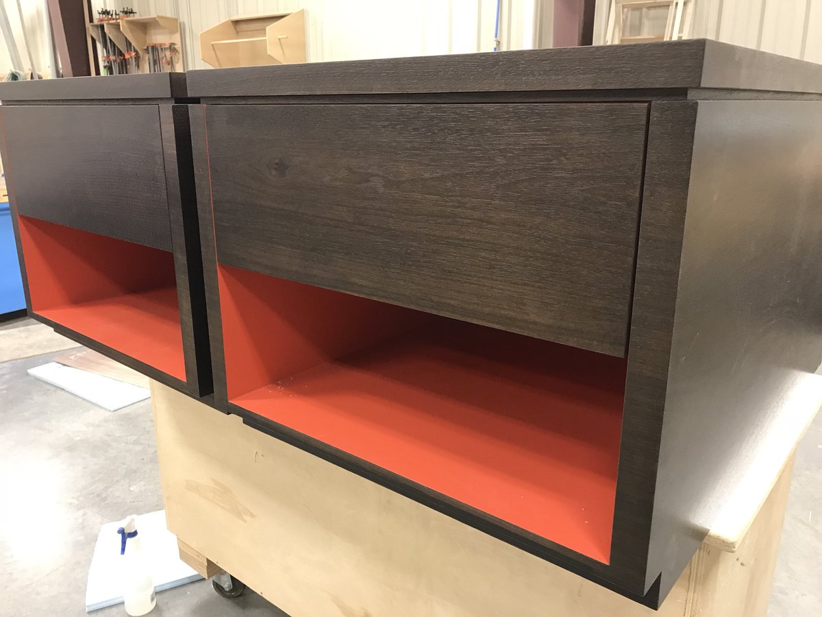 eedesigncenter's tweet photo. These are a pair of side tables built out of black walnut with bright orange interiors that built for Envi design. Envi Design. Woodworking at its best! Install pics coming soon! https://t.co/QZzgv8PykL
