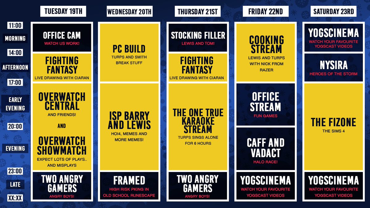 Jingle Jam Schedule 2022 The Yogscast On Twitter: "Here's Our Jingle Jam Schedule For The Coming 5  Days! Loads Of Awesome Streams To Come, What Are You Most Excited For?!  Https://T.co/P0Vmfrmomf" / Twitter