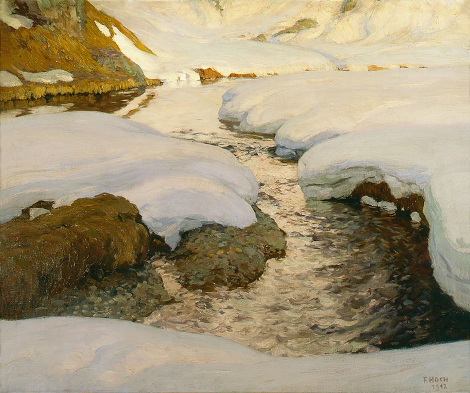 FryeArtMuseum's tweet image. Happy Holidays from all of us here at the Frye! However you celebrate the season, we wish you warmth and peace!  [Franz-Xaver Hoch. Mountain Brook in the Snow, 1912. Oil on canvas. Frye Art Museum, Founding Collection, Gift of Charles and Emma Frye, 1952.072.]