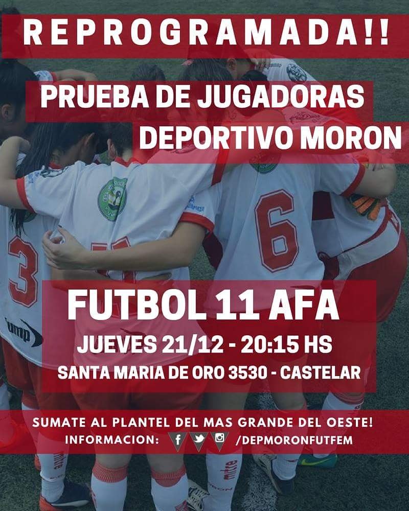 DepMoronFutFem's tweet photo. 📣 ATENCION REPROGRAMACION

⚽️ PRUEBAS PARA FUTBOL 11 AFA
📆 Jueves 21/12 - 20 hs
🏟 Polideportivo Gorki Grana (Santa Maria de Oro 3530, Castelar)
📌Ir con ropa adecuada para entrenar.
👌Se valorará experiencia previa en Futbol
🐔🐔🐔Se parte de Las Gallitas! https://t.co/ZiFF5ud1Ox