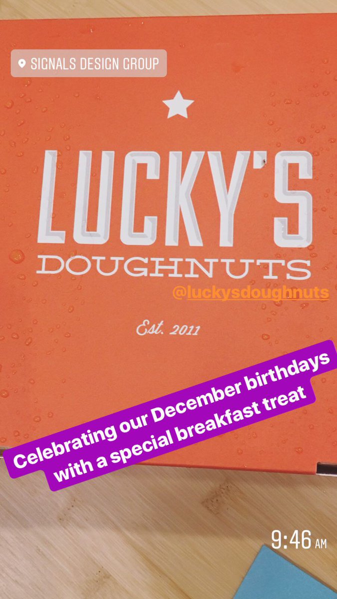 signalsca's tweet photo. We're starting the day off right, by celebrating our Dec birthdays with a special breakfast from @luckysdoughnuts. Find more pics on our Instagram https://t.co/Vm5uG0sQnp - which is being managed by Strategy Director @kumii this week. https://t.co/XaJMIP35r8