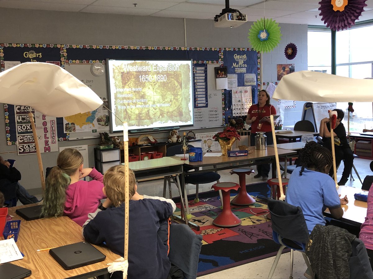 CarolEmbree's tweet photo. McGregor Elementary students in Mrs. Scott’s class learn about the Westward Expansion including events, inventions, the purchase of territory, and wars. Covered wagons everywhere! Thanks @SaraSshevchuk & team for caring for kids! #EngagingRelevantPersonal @officialSPS https://t.co/kSoV37tzh2