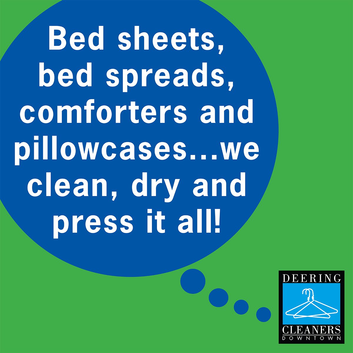 DeeringCleaners's tweet photo. Bed sheets, bed spreads, comforters, and pillowcases. We clean, dry and press all it all using a state-of-the-art eco-friendly press system. https://t.co/vgiZnhjHWA https://t.co/F0saW3bsLq