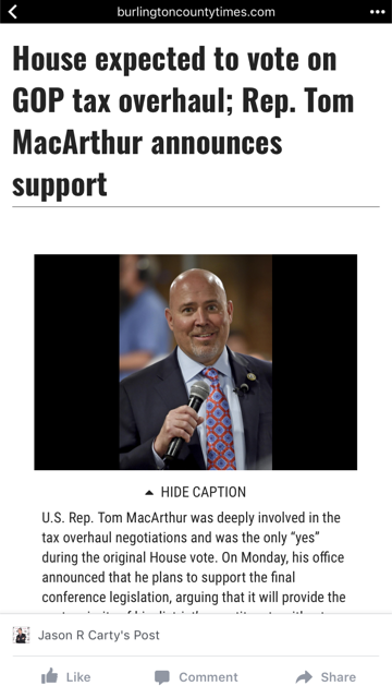 AndyKimNJ's tweet photo. Tom MacArthur did it again.  He went against every other NJ Members of Congress and voted YES for the horrible tax bill. All other NJ Republicans voted NO.  Chip in $10 today to beat him in 2018.  https://t.co/mCiTiSMbD1 https://t.co/clZYMZzggu