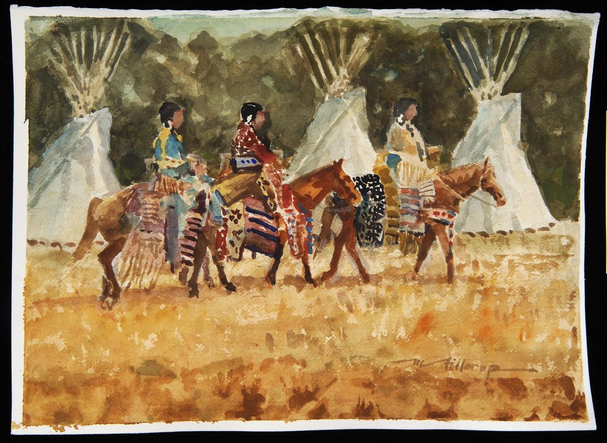 centerofthewest's tweet photo. #TipiTuesday. From our friends in the Whitney Western Art Museum: Mel Fillerup (1924-2010). "Crow Indian Princesses on Parade, Crow Indian Fair," 2009. Watercolor on paper. Gift of the artist. 24.09. The 100th Crow Fair takes place Aug. 15-20, 2018, at Crow Agency, MT. https://t.co/zvAst6m5NQ