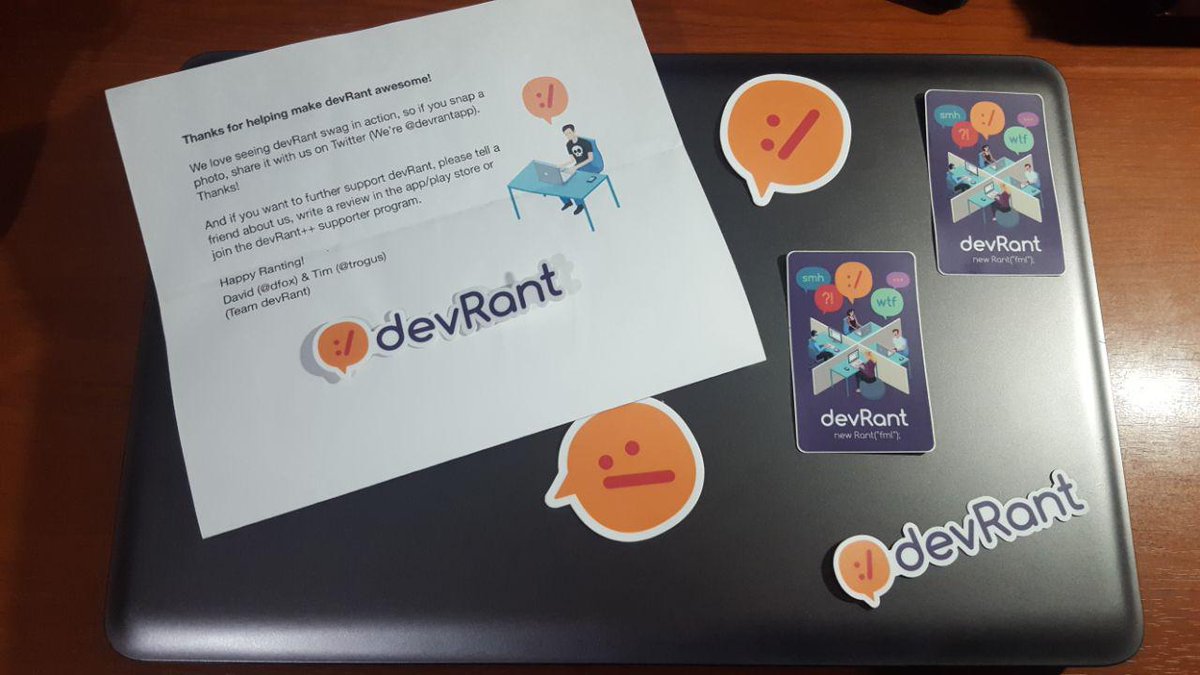 Fantaknight's tweet photo. Thank you so much, @dfox &amp; @trogus from @devRantApp, for yours amazing stickers! 😊
#devRant #stickers #gift #Thanks #app https://t.co/AP5pdv9pAB
