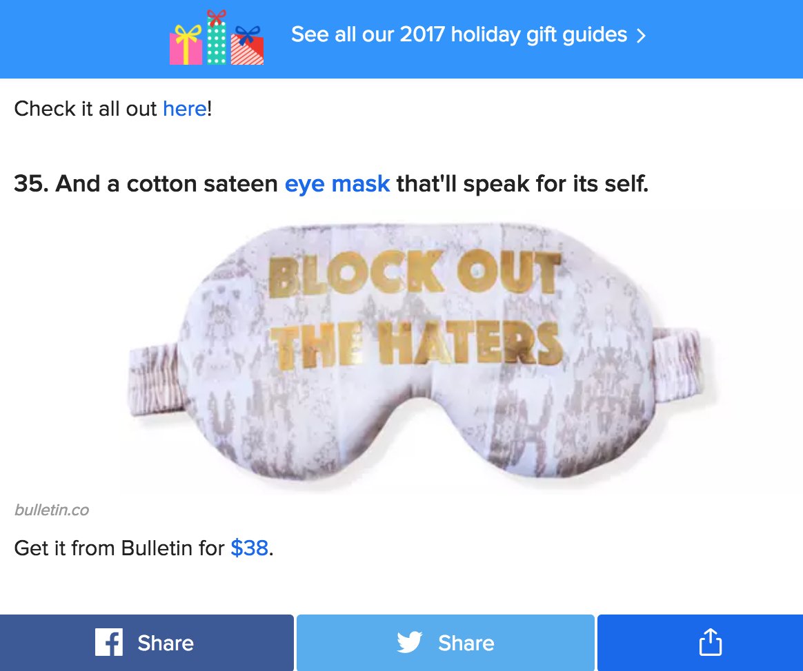 Super excited to have our #blockoutthehaters eyemask featured on <a href="/BuzzFeed/">BuzzFeed</a> #35