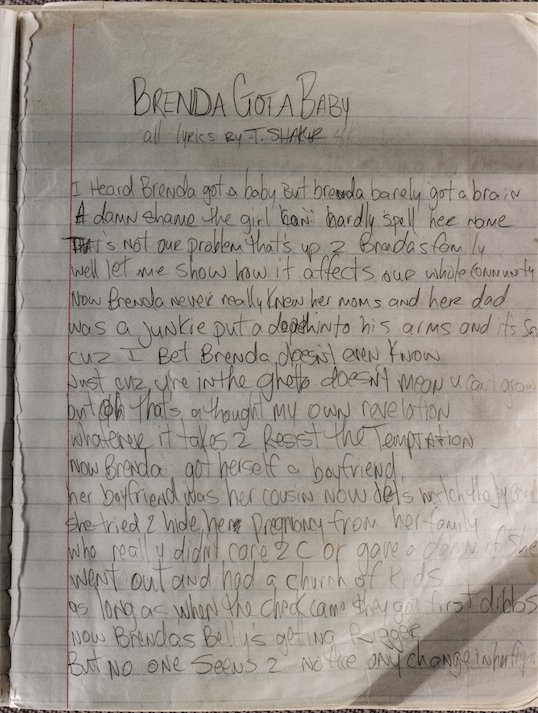 OnlyHipHopFacts's tweet photo. Tupac's handwritten lyrics for Brenda's Got a Baby. https://t.co/wVOCs7zlVs