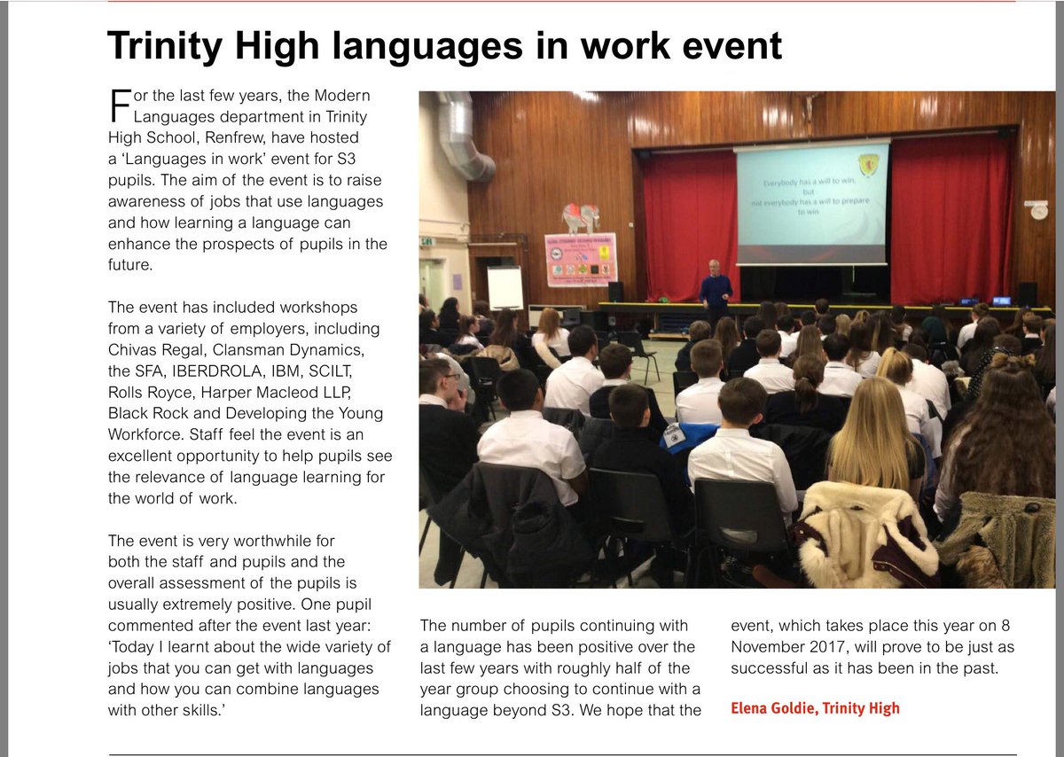 Trinityrenfrew's tweet photo. Throwback to 'Languages In Work' event from November. Mrs Goldie's summary of the day can be seen in the latest edition of SCILT newsletter. Follow the link below or checkout the photograph below. @scottishcilt #LanguagesInWork.
https://t.co/NYTlkrQIie https://t.co/OpyM15BL2Q