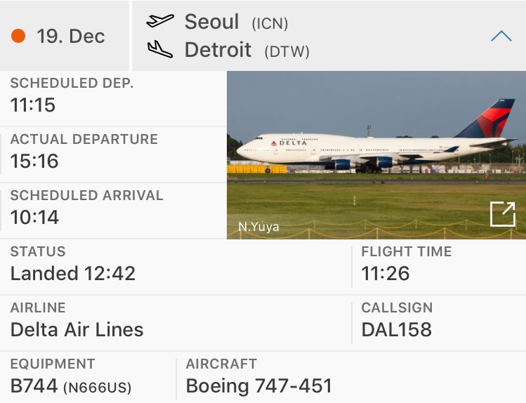 FlightIntl's tweet photo. The last regularly scheduled @Delta Boeing 747-400 flight arrived in Detroit a few minutes ago #DL747Farewell #DL158 https://t.co/nSW8hl00Yg