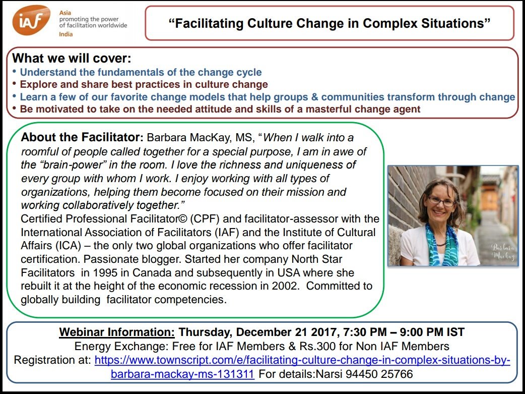 IAFIndiaOrg's tweet photo. Facilitating Culture Change by @BarbaraJMacKay for IAF India on 21 Dec 2017, Register here https://t.co/iSeE7Q71in #FacInd #Facilitation https://t.co/DJGw8EUG1L