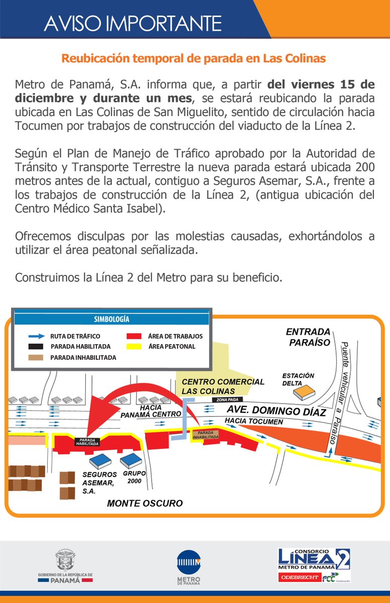 Traficologo1's tweet photo. Atención usuarios, recuerden que por trabajos de #LineaDos de @elmetrodepanama se ha trasladado parada frnete a Las Colinas en San Miguelito. #LosBuenoAvanza https://t.co/4lKmTfSPWc