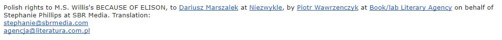 In conjunction with <a href="/BooklabAgency/">Book/lab</a> #SBRMedia announces the sale of <a href="/mswillisbooks/">M.S. Willis</a> Because of Elison for Polish translation.