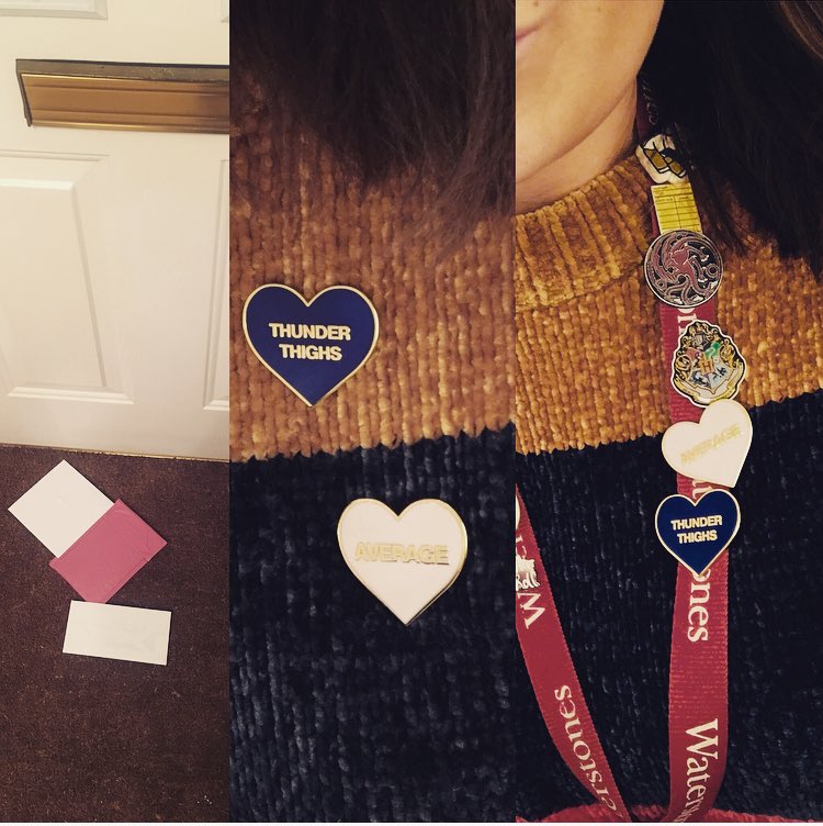 Rappleb's tweet photo. 4th Christmas in retail and THIS made my manic crazy day, week, year π. The mini scream of excitement as I came home to this. 4months after moving out into my own place alone, thank you @LucyJaneWood #average #ThunderThighs #moonfaceclub joining my pins for work! https://t.co/Tvb4tgP4oW