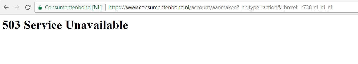 visser_tom's tweet photo. @Consumentenbond jullie website werkt niet. Bij account aanmaken krijg ik een '503 service unavailable'. Vervelend aangezien ik speciaal lid ben geworden en een account heb aangemaakt om een review te lezen. Wanneer wordt dit opgelost? https://t.co/bpREJMJKCL