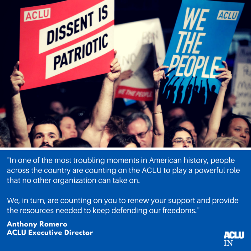 ACLUIndiana's tweet photo. To all who have #JoinedUs & #FoughtBack โ thank you for your support! As we get ready to welcome 2018, we're ready to continue defending freedom.
Take a stand with us & donate here: https://t.co/fC1qrh87Hi https://t.co/fU1KH9IhRF