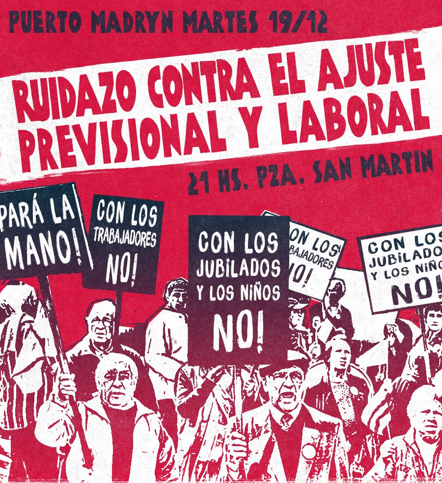 En asamblea popular se decidió que HOY Puerto Madryn se suma al ruidazo nacional contra el ajuste a las 21 hs. en la Plaza San Martín!!! #NoALaReformaPrevisional #ConLosJubiladoNO #ConLosTrabajadoresNO #PuertoMadryn #Ruidazo #Cacerolazo