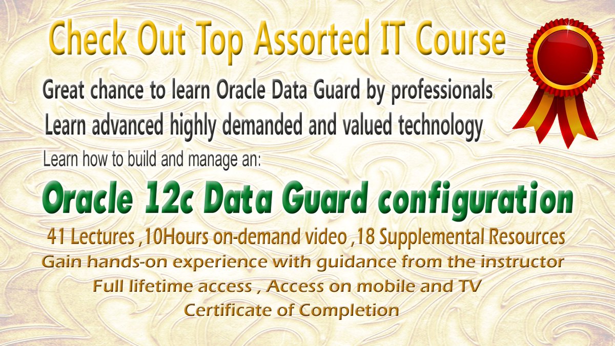 OracleCourse's tweet image. Take your gift 89%off before 31 Dec., Full Professional Oracle DBA Courses From 140$ to 15$
1- Oracle12c Data Guard configuration  
udemy.com/oracle-12c-dat…
Full Lifetime,Access on mobile &amp;amp;TV

#BigDataRetweet #code #Discount #amazon #deal
#MachineLearning #AI #Deeplearning #NLP