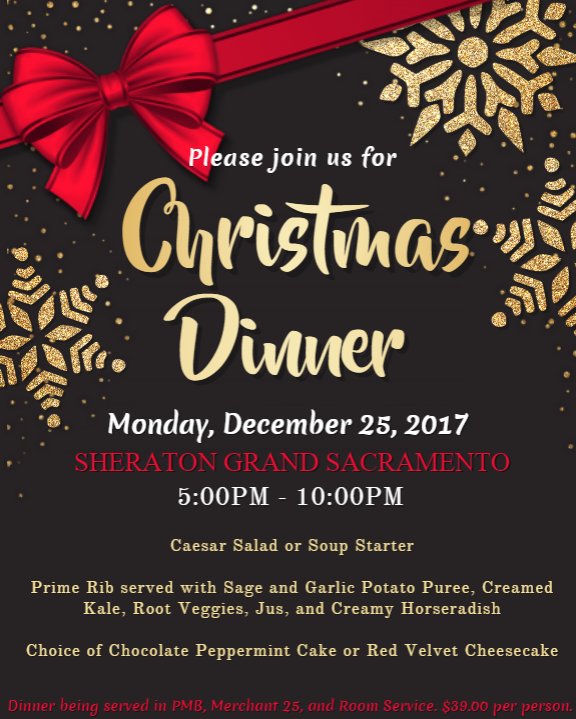 Enjoy Christmas Dinner with family and friends at the Sheraton Grand Sacramento!

We will be serving a festive three course meal for the great price of $39.00 per person from 5:00PM - 10:00PM. Call (916) 869-9247 to reserve your table today!🎅🏼🎄#sacramento #visitsacramento