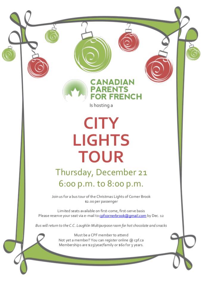 CPFCornerBrook's tweet photo. Join us for a tour of the Christmas lights of Corner Brook! We still have room on the bus! First come, first serve. Reserve your spot via email at cpfcornerbrook@gmail.com #cornerbrook #frimm #fsl #cornerbrookNL https://t.co/Sj7frEsYkg