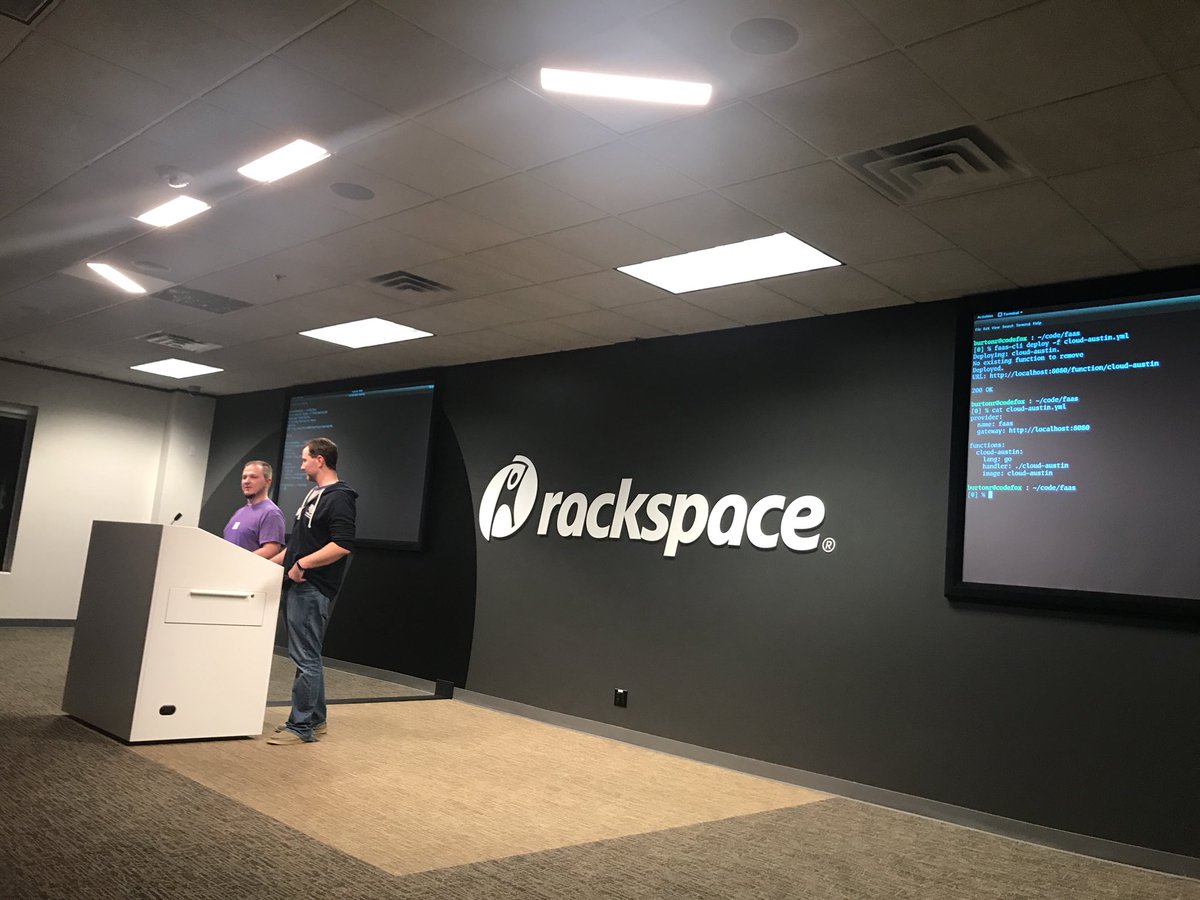 iteration1's tweet photo. Pretty cool openfaas demo by @JockDaRock and burton! #cloudAustin https://t.co/mVEATbEwx6