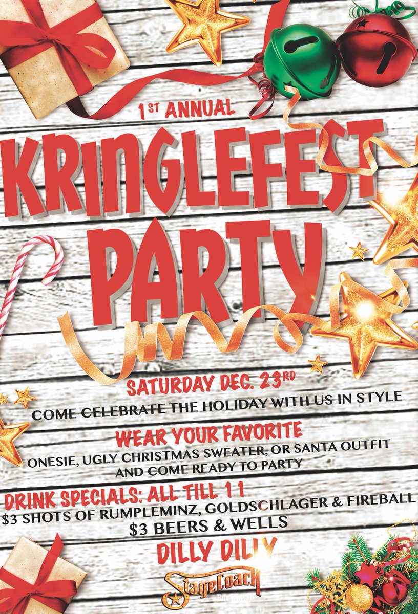 StagecoachAtl's tweet photo. Saturday night is gonna be our 1st annual Kringle Fest party! So y'all get in the spirit with us and come out in your favorite Christmas onesie, ugly Christmas sweater, or Santa suit! https://t.co/CHq0lribXo
