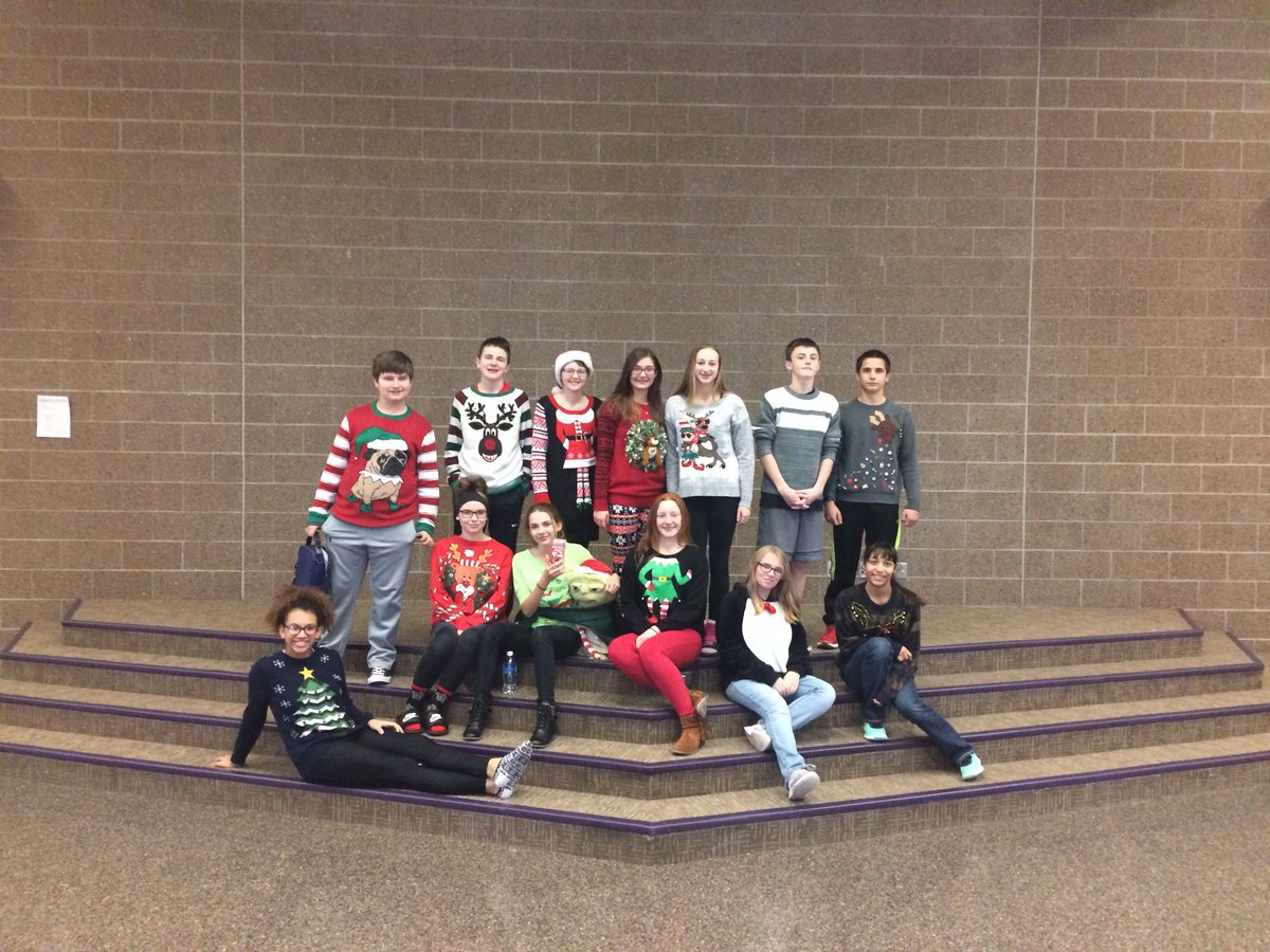 BLMSBOBCATS's tweet photo. Good times at BLMS today! @AmyGarver1 @GaroldBaker #uglysweaterday https://t.co/s4mdS8SlRX