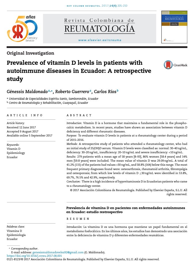 gmaldonadovelez's tweet photo. Prevalence of vitamin D levels in patients withautoimmune diseases in Ecuador: A retrospective study #ECUADORFirst #RheumEdu♥️🇪🇨🖐🏽 available at: https://t.co/SFNNZWPbhR https://t.co/iIeiSh4hq1
