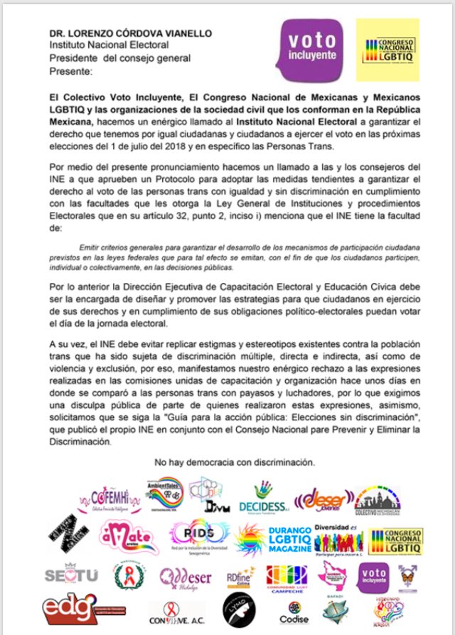 VotoIncluyente's tweet photo. El Colectivo #VotoIncluyente y las organizaciones integrantes del @CongresoLGBTMex hacemos un llamado al @INEMexico a garantizar sin discriminación el derecho de las personas #trans a votar 🗳 
#SinInclusiónNoHayVoto https://t.co/CtzWxTUnhw