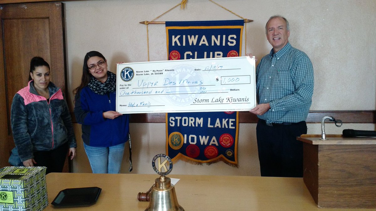 Club president Dan Anderson presented a check on December 18 in the amount of $1,000 to Maggie Reyes at Upper Des Moines Opportunity in Storm Lake. The money goes toward the Adopt-a-Family program at Christmas time.