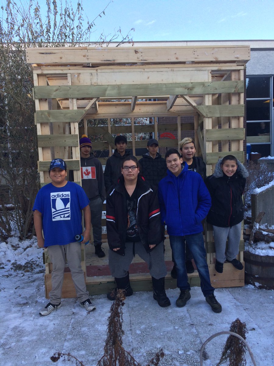 jmcleod1020's tweet photo. Grade nine and ten carpentry students finished the new wood shed for the sweat lodge great work people #RBRussell #HMF https://t.co/PmnDdhNRJv