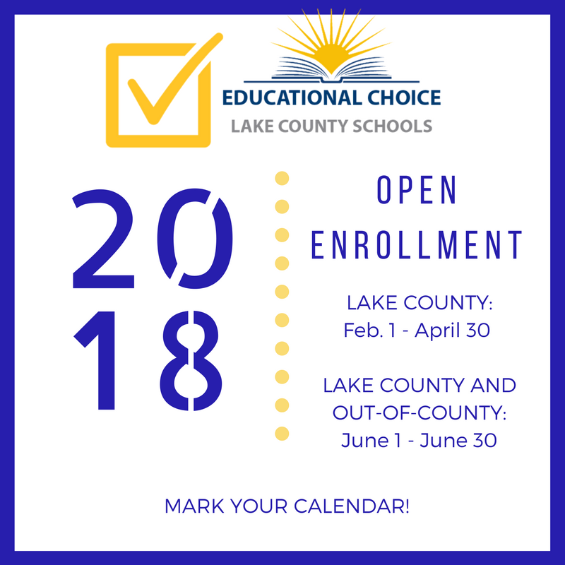 Lake County Schools on X: "Mark your calendar! Educational Choice Open  Enrollment starts Feb. 1, when Lake students may apply to transfer to a  school or program in Lake outside of their