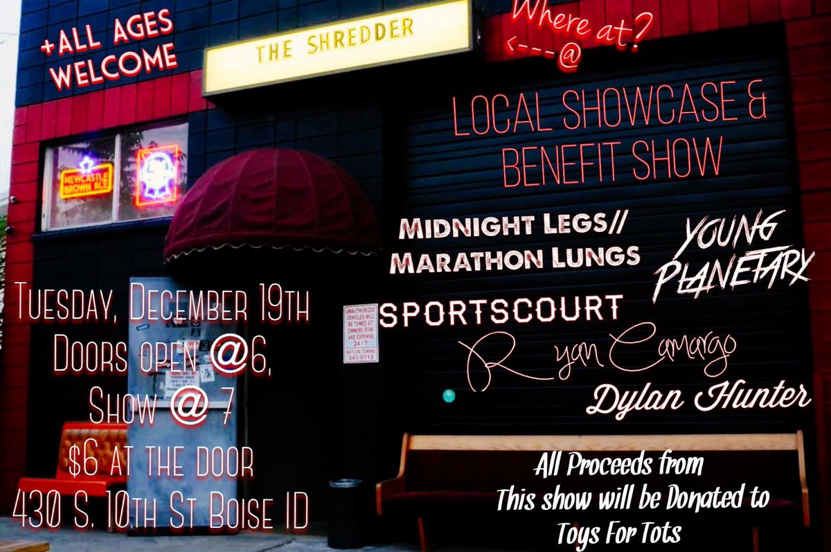 YoungPlanetary's tweet photo. our @ToysForTots_USA benefit show is tonight at #TheShredder with #MidnightLegsMarathonLungs, @SportscourtID, #RyanCamargo, and #DylanHunter! all the proceeds go to a good cause, so roll the fuck out. https://t.co/OfjkswYr42