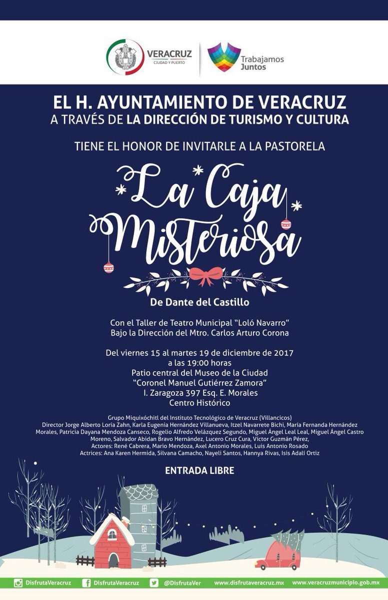 ComSolVeracruz's tweet photo. Recuerda que este martes se realizará la última función de la pastorela "La Caja Misteriosa". Te esperamos a partir de las 7:00 pm en el Museo de la Ciudad. ¡Entrada libre! https://t.co/NdKosnzcLb