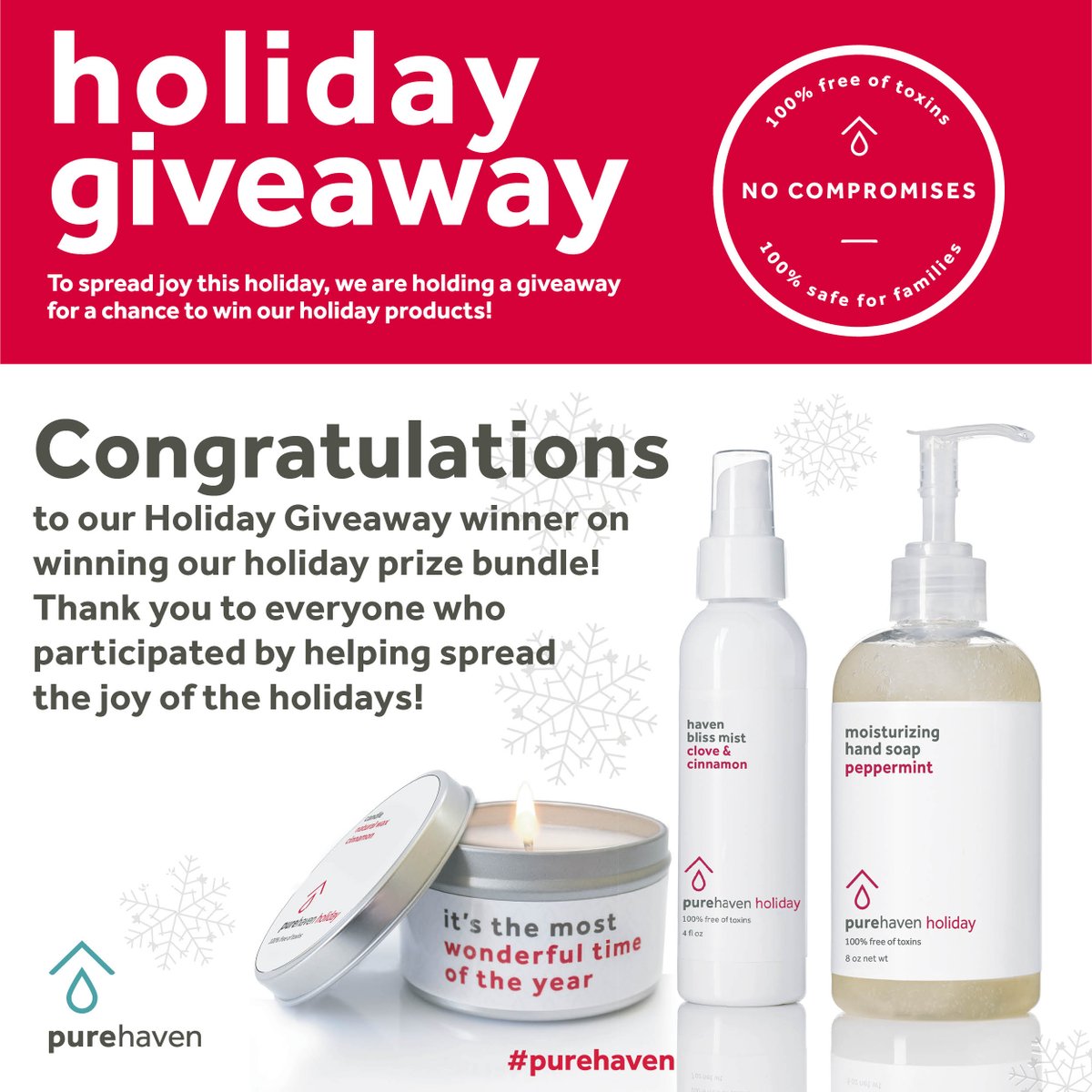 PureHavenLLC's tweet photo. Congratulations to our Holiday Giveaway winner! Thank you to everyone who participated by helping spread the joy of the holidays!
To learn more about safe, alternative personal care choices and products 100% free of toxins visit https://t.co/wklhH7rmxy
#purehavenholiday https://t.co/3fNJ9BgNvr