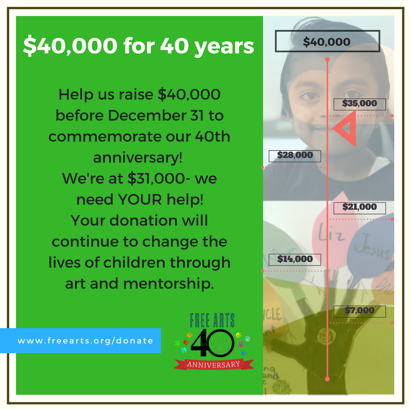 FreeArtsLA's tweet photo. Almost there! We're at $31,000- only $9,000 more until we reach $40,000 to celebrate 40 years of Free Arts! 
Be a part of the movement- donate today at https://t.co/bX2tbvzvVO
#freeartsla #donate #art https://t.co/7XvIA2eSg8