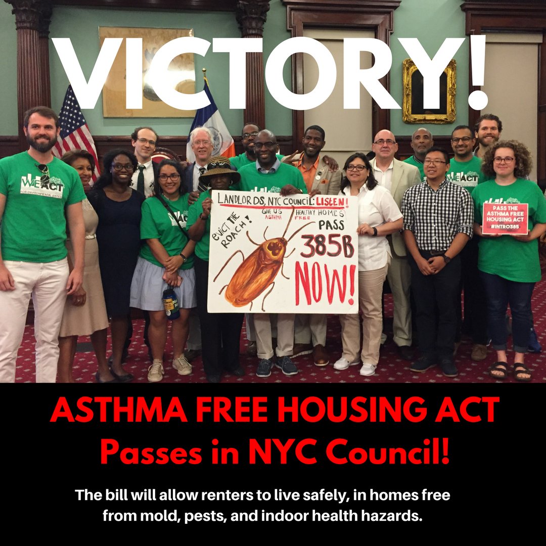 weact4ej's tweet image. BREAKING: @NYCCouncil passes the Asthma-Free Housing Act #Intro385 which will protect tenants from mold and pests, and hold landlords accountable for healthy homes! Thank you @RosieMendez! 👏🏾👏🏿 #AsthmaFreeNYC: bit.ly/2z09vox