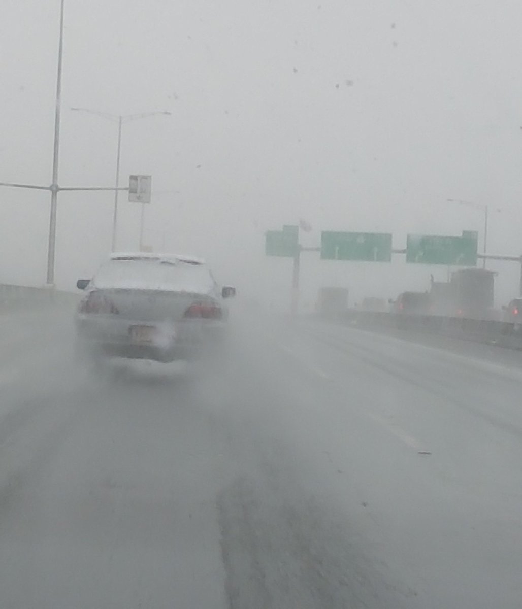 JenElvev's tweet photo. What not to do in a snow storm:

Taillights on? ❌
Cleaned snow off back of windshield? ❌ 
Visible to others? ❌

#trafficfail #BCStorm 

@NEWS1130Traffic https://t.co/IfyKMPkp6J